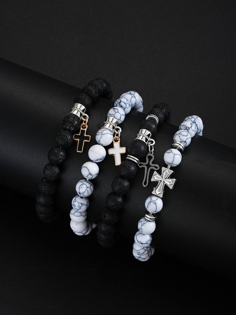 Men's Vintage Cross Charm Beaded Bracelet, Fashionable Jewelry for Party, Daily Clothing Decor, Trendy All-match & Exquisite Jewelry for Birthday Gift, Cross Beads Bracelet