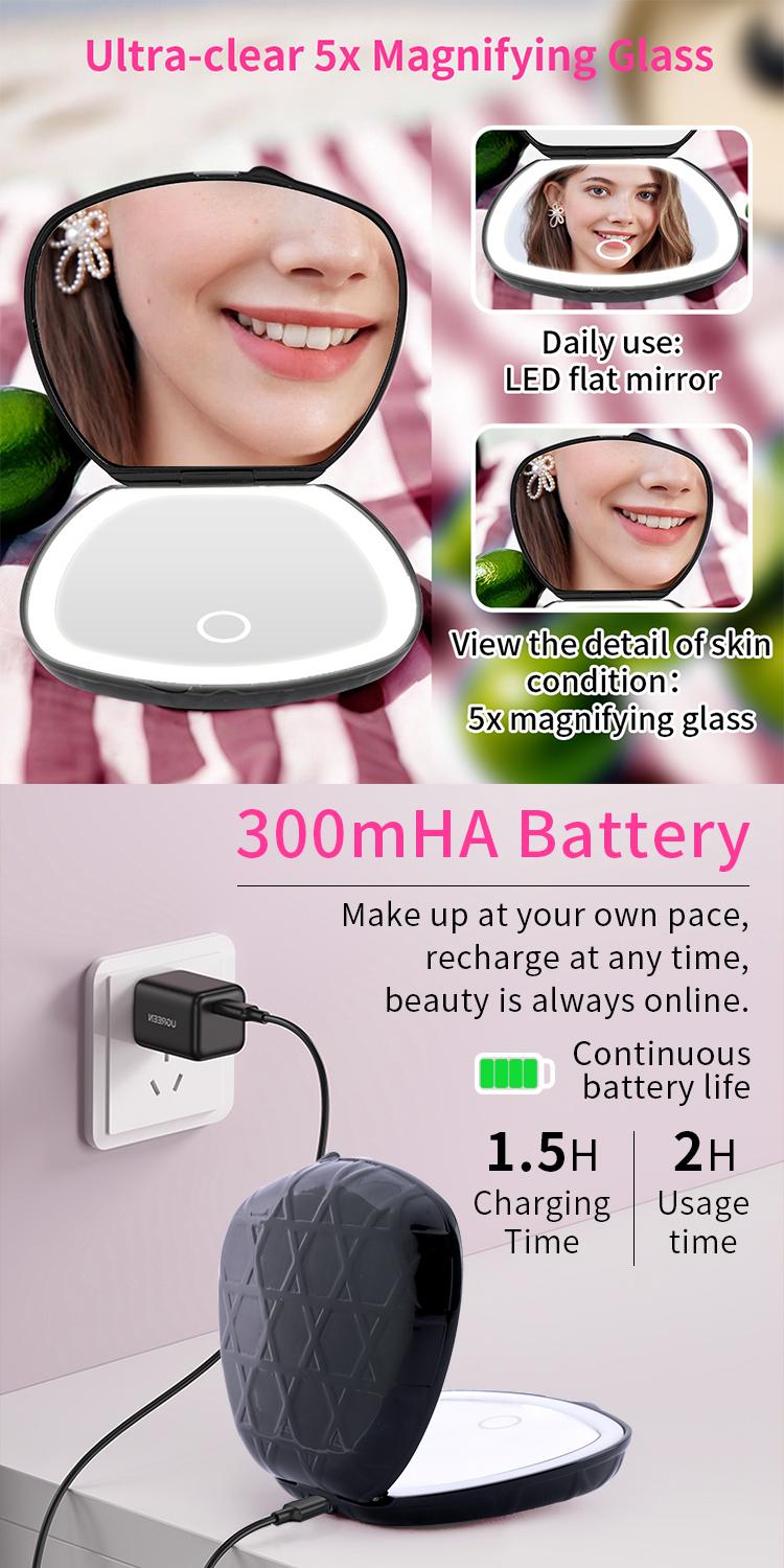 Mini Shell LED Makeup Mirror – White |   5X Magnifier + Touch Dimming + Rechargeable
