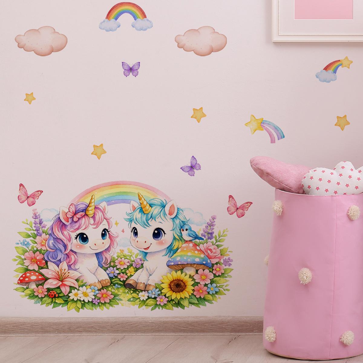1Pc (30*60cm) Macaron Dreamy Unicorn Wall Sticker, Rainbow Butterfly Wall Decals for Kids Bedroom Decorations Living Room Decor
