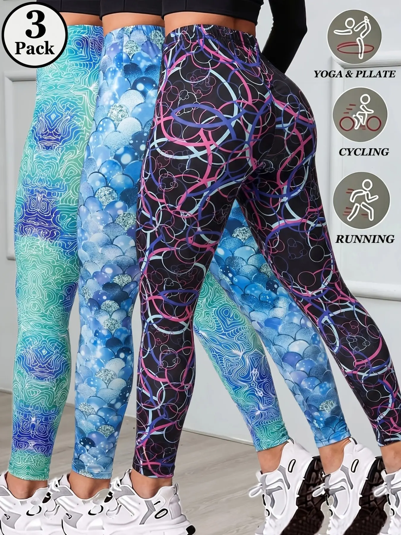 3 Pack Women Geometric Circle Pattern Fish Scale Texture Art Printing Cropped Sports Leggings Fashion Trend High Elastic Skin Friendly Comfortable Soft Knitted Spring Summer Fall Winter Yoga Pilates Fitness Sports Running Tight Trousers