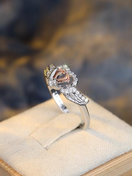 925 Sterling Silver Angel Wing Design Ring, Artificial Zircon Ring, Heart & Footprint Decorative Ring for Women, Fashion Jewelry Accessories for Daily Wear, Trendy All-match & Exquisite Jewelry for Birthday Gift, Dainty Ring