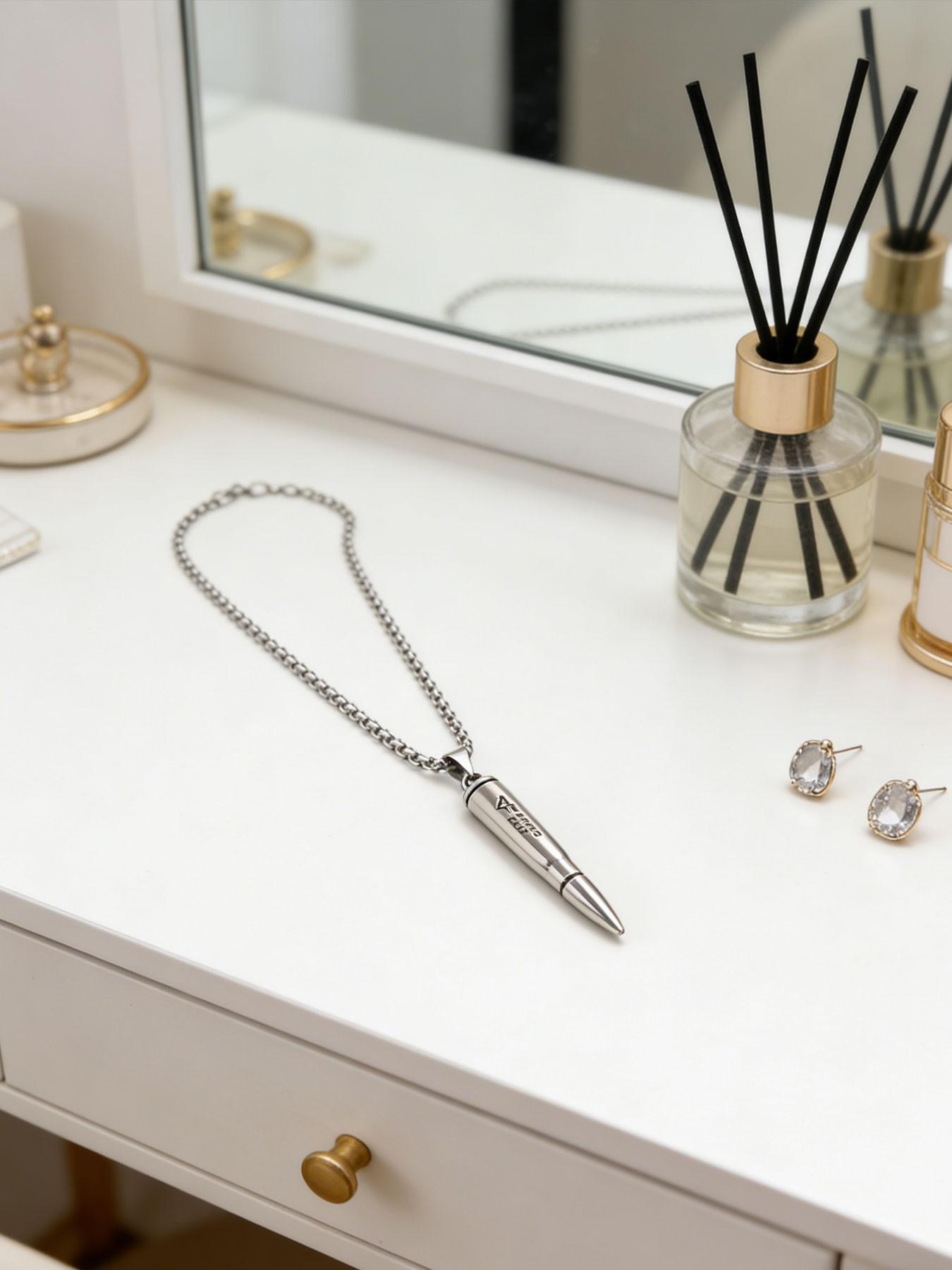 Cf Bullet Necklace Titanium Steel Pendant, Military Enthusiast Accessory, Hypoallergenic, Anti-Oxidation, Stackable, Hip Hop Streetwear