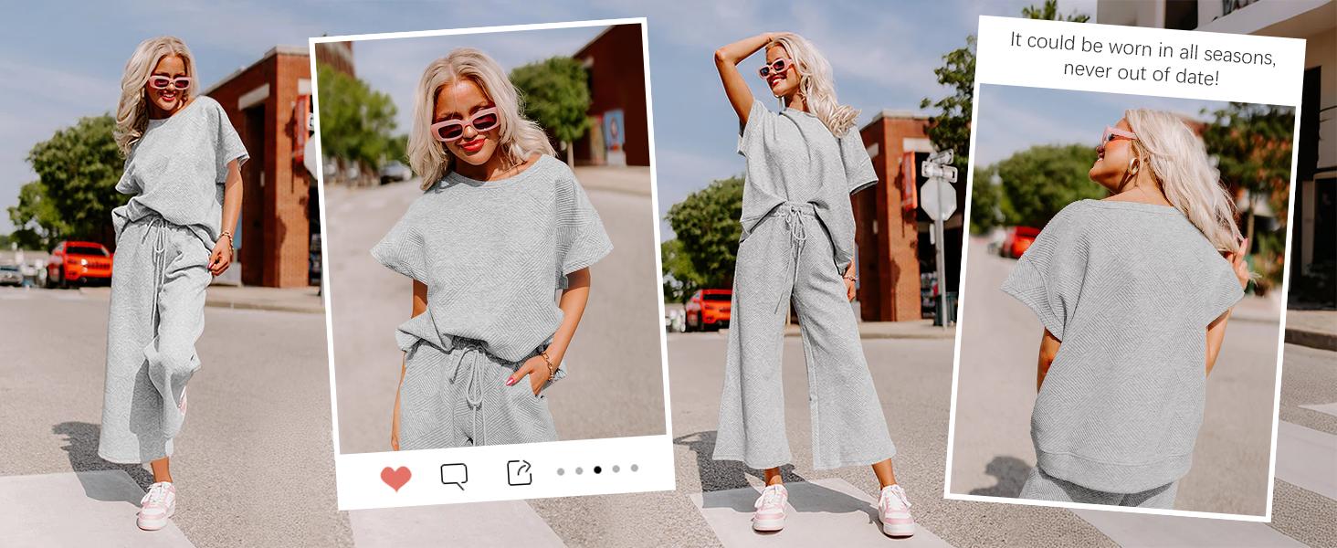 FISOEW Sports 2026 Summer Spring Womens 2 Piece Outfits Sweatsuit Long/Short Sleeve Tops and Drawstring Waist Cropped Wide Leg Pants Loungewear Sets viral  knit Jean Shirt matching sets women Matching Tracksuits Womenswear Soft,