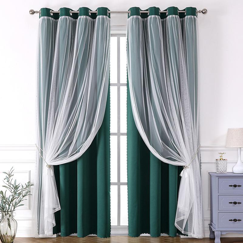 French Romantic Aesthetic Two-Layer Cloth Light-Blocking Finished Curtain, Fashionable Hole Drapery for Living Room, Stylish and Trendy Window Covering, Home Textile
