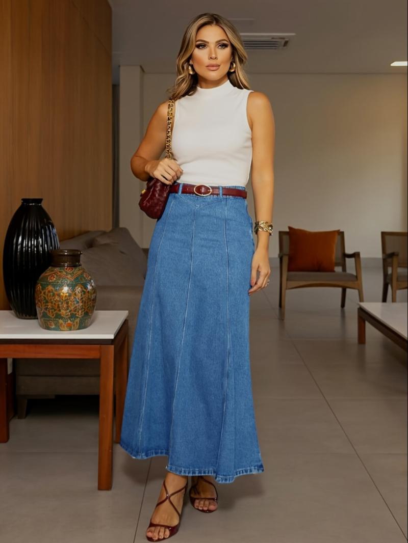 Elastic Washed Casual Denim Midi Skirt for Women, All-Season Wearable A-Line Design, Perfect for Daily & Dates
