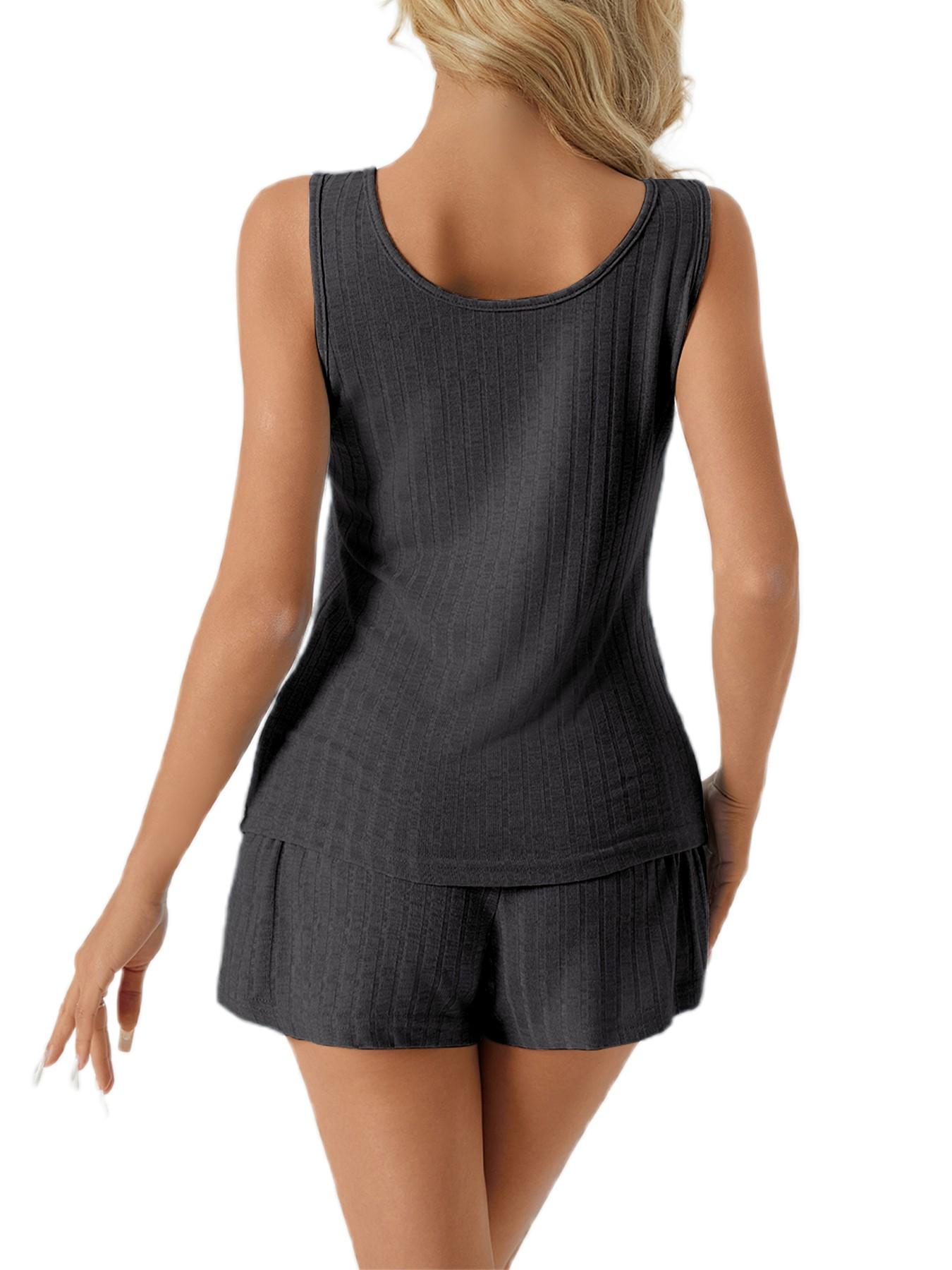 Women's 2-Piece Sleeveless Summer Pajamas Set, Ribbed Knit Tank & Shorts, Casual Fitted Elastic Design, Solid Color Loungewear
