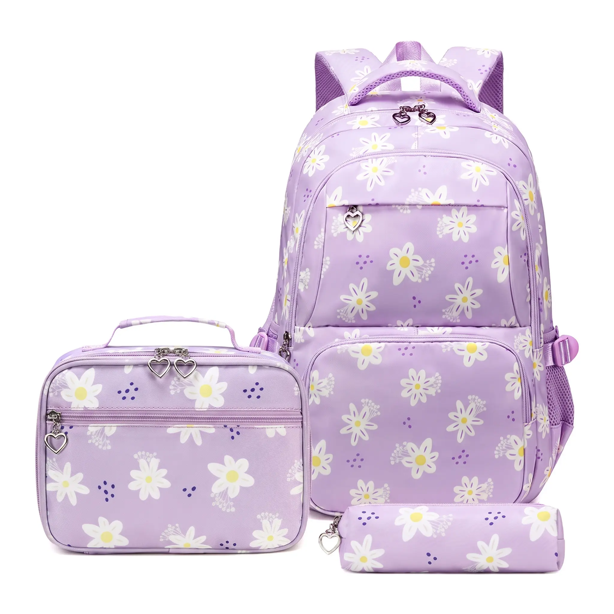Cute Daisy Print Floral Backpack 3-Piece Set Waterproof Nylon Travel Daypack Large Capacity Multi-Compartment Bookbag with Laptop Sleeve Breathable Ergonomic Straps Lightweight Casual Aesthetic Rucksack for Women Purple Pink Gray Black
