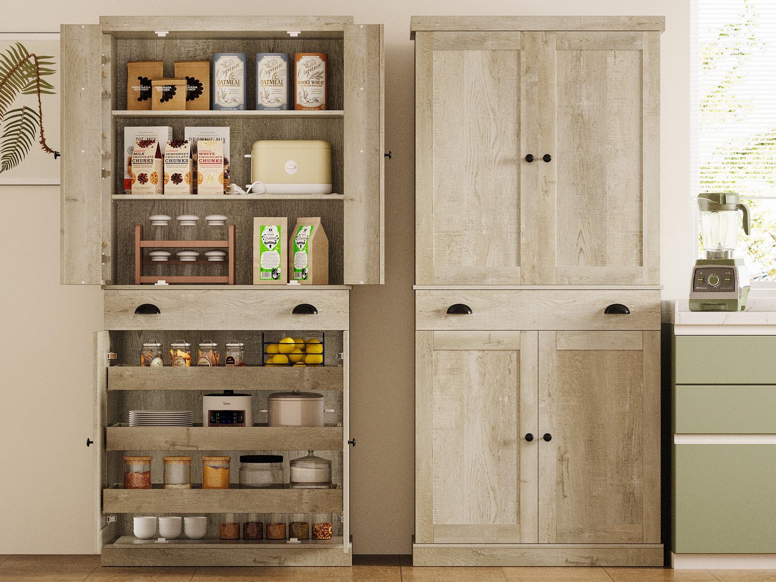 【2 Packages Shipping】IRONCK Kitchen Pantry Cabinet 72" Height, Freestanding Cupboard with Drawer, Sliding Storage Rack, and 6 Hanging Shelves for Dining Room, Laundry, Rustic Maple