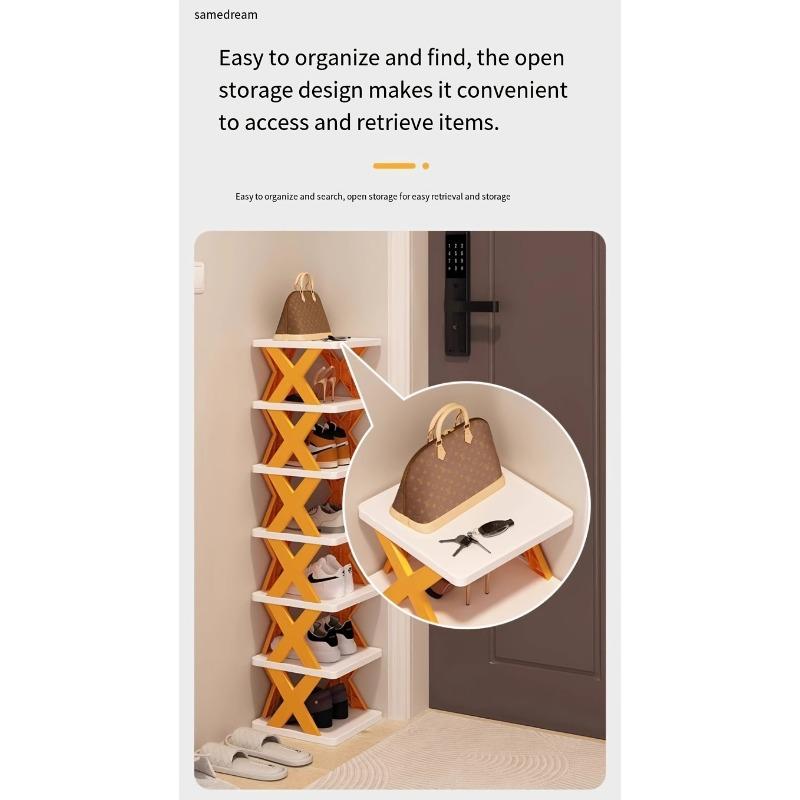 Nine-layer shoe rack. This space-saving vertical shoe rack can hold 9 pairs of shoes. Suitable for wardrobes, corridors, bathrooms, and dormitories. Plastic stackable shoe rack - a multi-functional storage rack for doorways, easy to assemble.