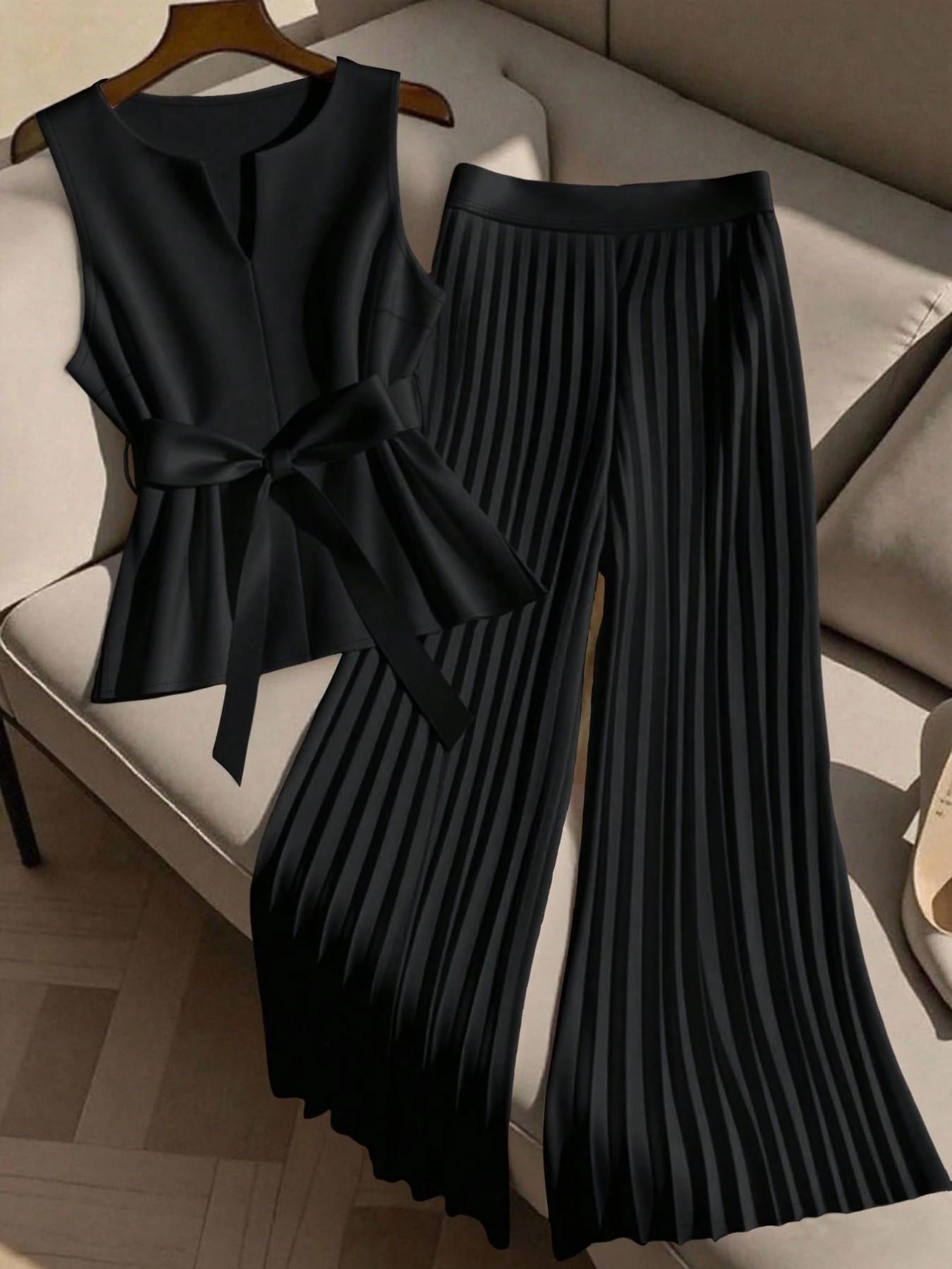 Women's Plus Size Trendy Chic Fashion 2 Piece Outfit, Sleeveless Top & Pleated Wide Leg Pants Set, Tie Waist V-Neck Plisse Flowy Elegant Office Workwear