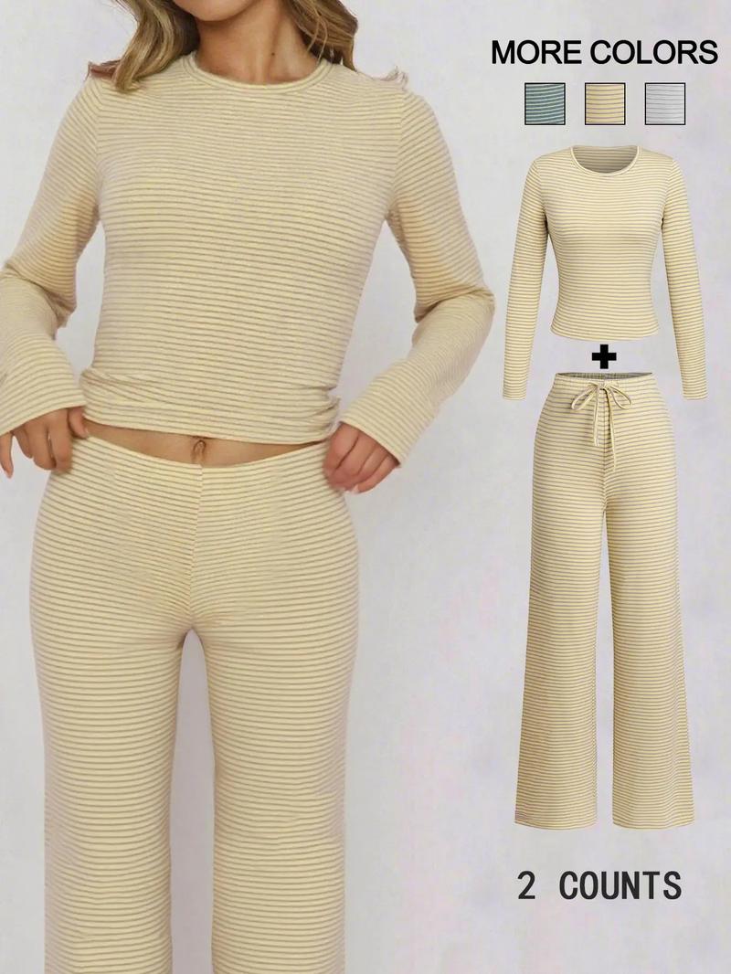 Women's Casual Striped Top & Pants Set, Spring Fashion Two-Piece, Comfortable and Stylish Clothing for Daily Wear,Women's Casual Striped Top & Pants Set, Spring Fashion Two-Piece, Comfortable and Stylish Clothing for Daily Wear,Airport Outfit