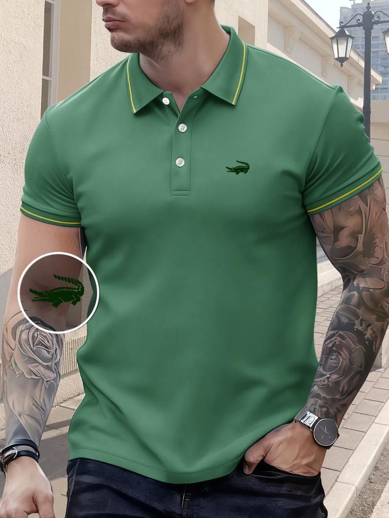 Men's Regular Fit Letter Print Contrast Trim Polo Shirt, Casual Short Sleeve Half Zip Top for Summer, Fashion Men's Clothes for Daily Wear, Tropical Men's Regular Fit Letter Print Contrast Trim Polo Shirt, Casual Short Sleeve Half Zip Top for Summer, Fashion Men's Clothes for Daily Wear, Tropical