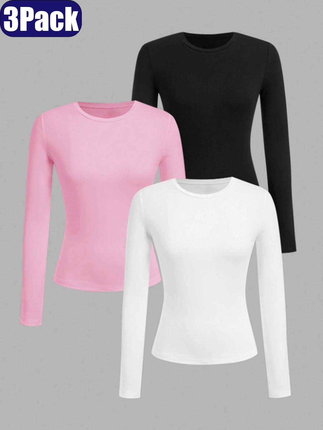 3-piece set of girls' solid color basic round neck knitted long sleeved T-shirt, slim and comfortable, machine washable, soft and skin friendly, Soft and gentle, practical for daily leisure, suitable for both school and outdoor use