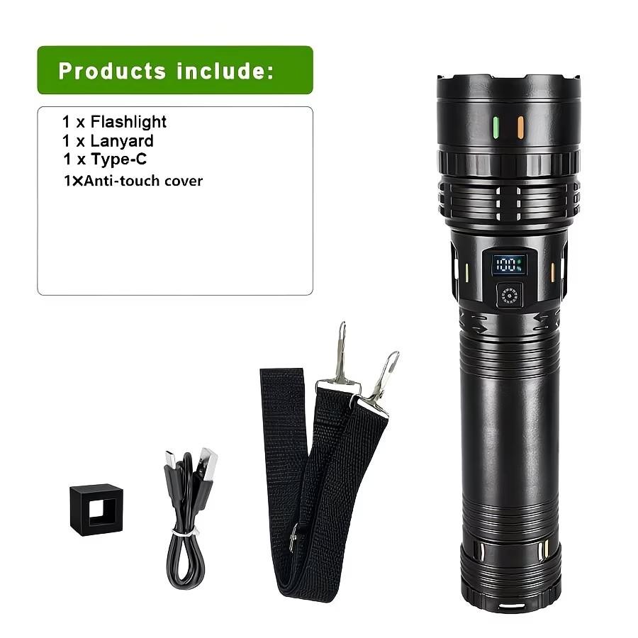 Super Bright LED Extendable Flashlight, Large Capacity Battery, USB-C Charging, Digital Display, Camping Survival Indoor Outdoor Use
