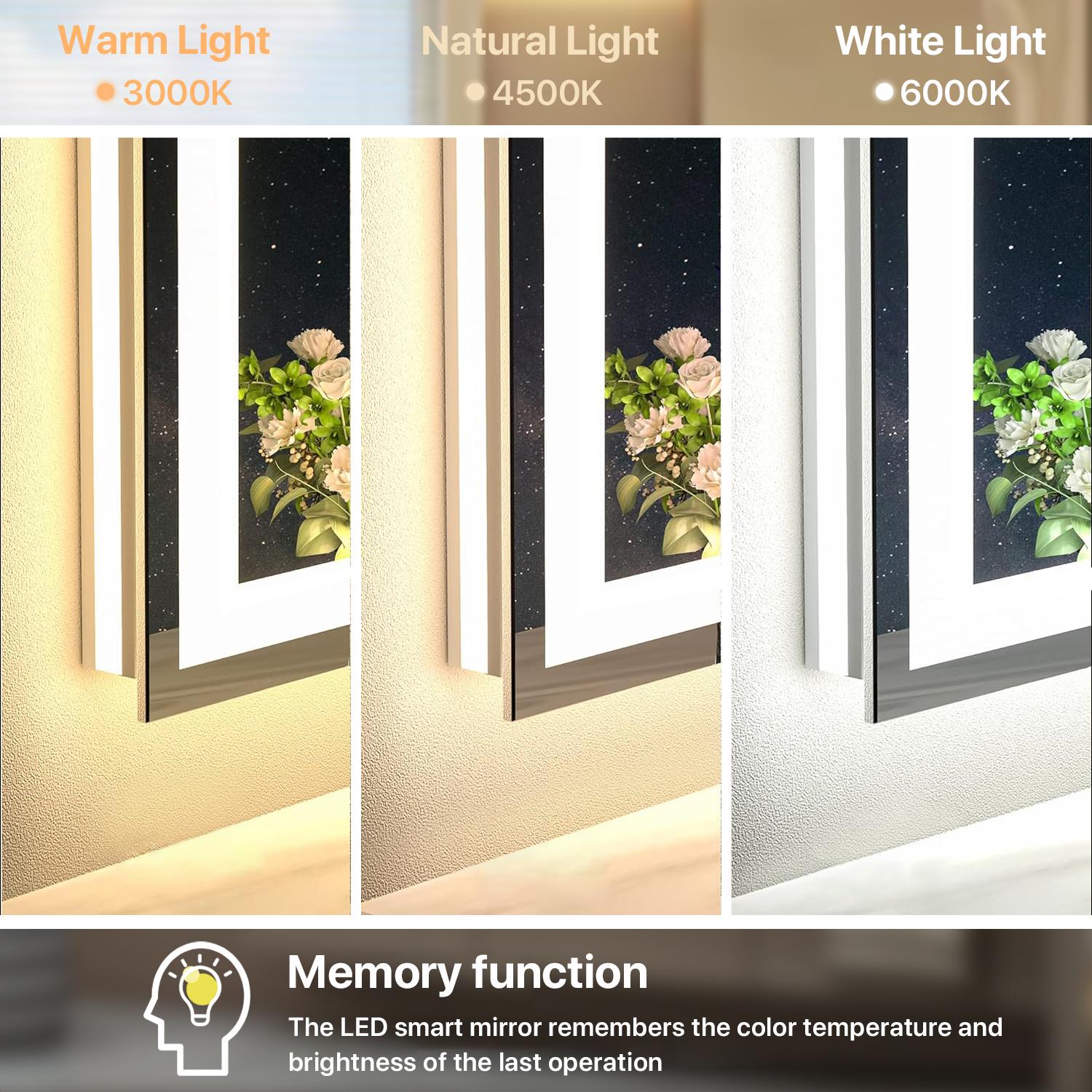 GLITGATE LED Bathroom Mirror With Lights Stepless Dimmable Brightness 3-Colors options Anti-Fog Memory function Smart Mirror Touch Sensor LED Mirror For Bathroom Wall Mounted Horizontal/Vertical