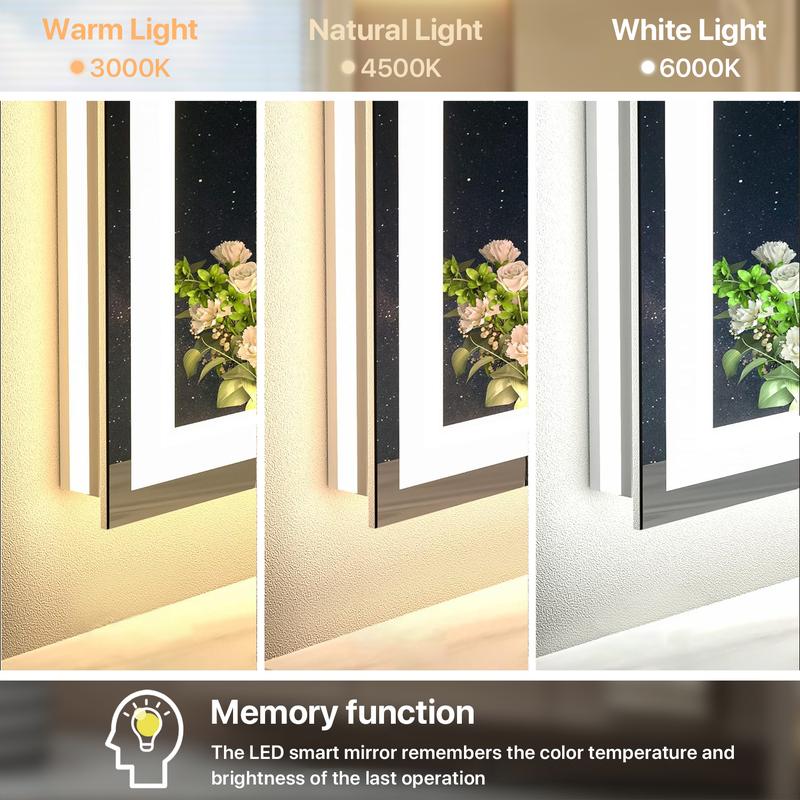 GLITGATE LED Bathroom Mirror With Lights Stepless Dimmable Brightness 3-Colors options Anti-Fog Memory function Smart Mirror Touch Sensor LED Mirror For Bathroom Wall Mounted Horizontal/Vertical