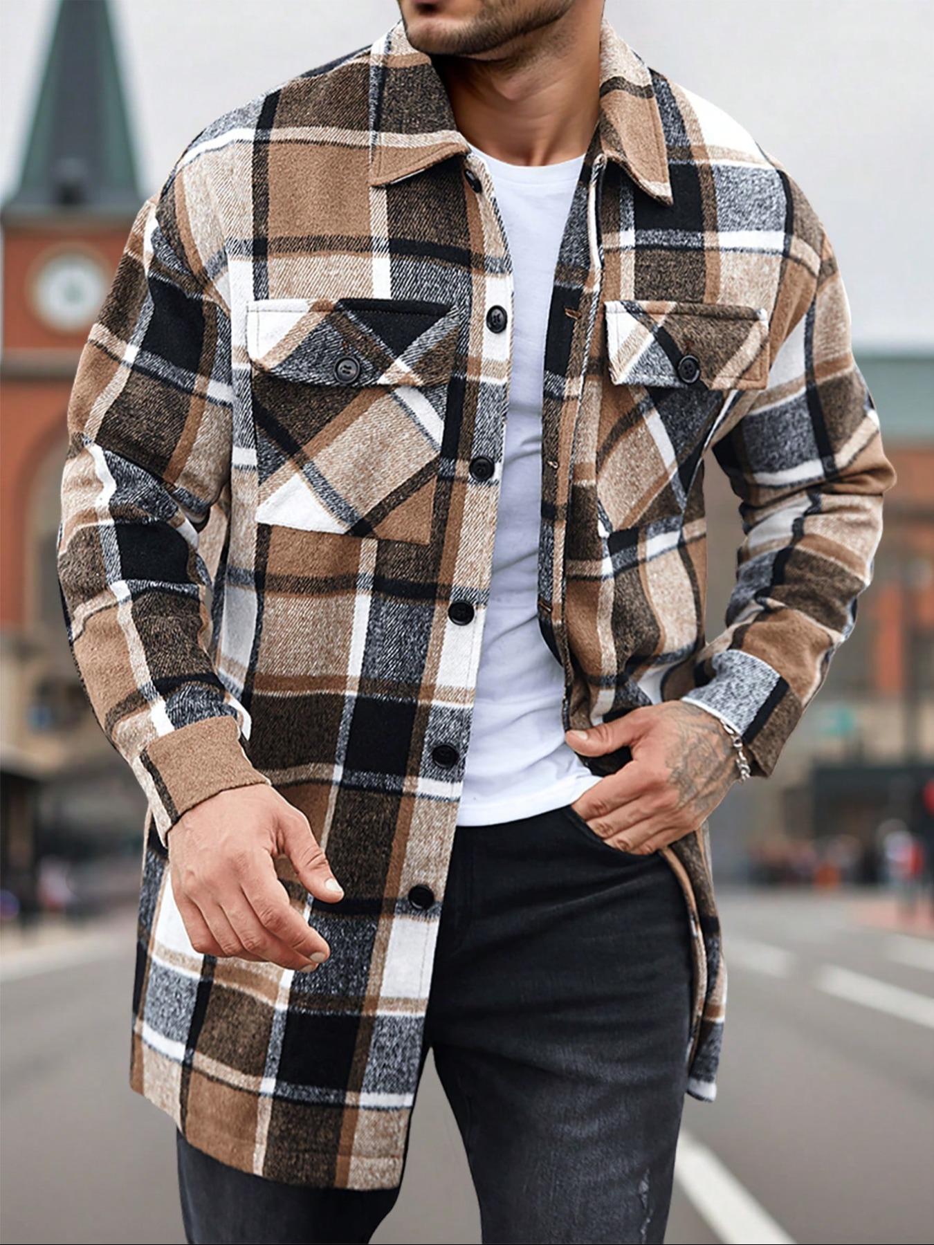 Men's plaid check long coat, Long Sleeve, with a buttoned lapel, loose fit, front button pockets, suitable for daily wear in autumn and winter, comfortable and warm, men's trench coat, Jackets, autumn and winter