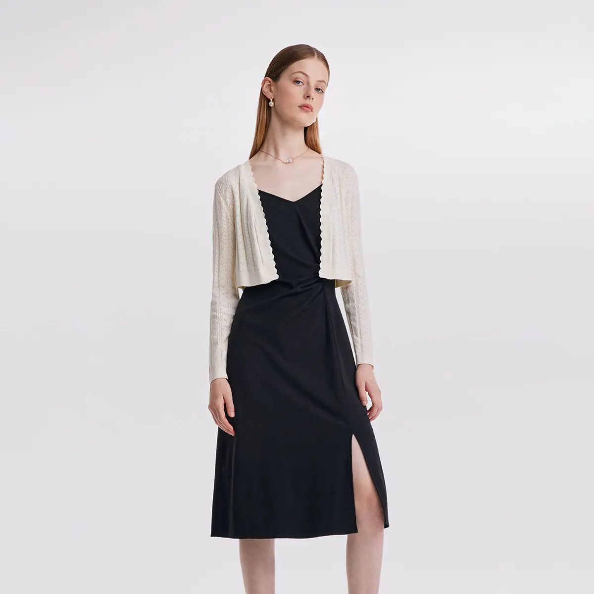 GOELIA Cardigan and Slip Midi Work Dress Two-Piece Set for Ladies