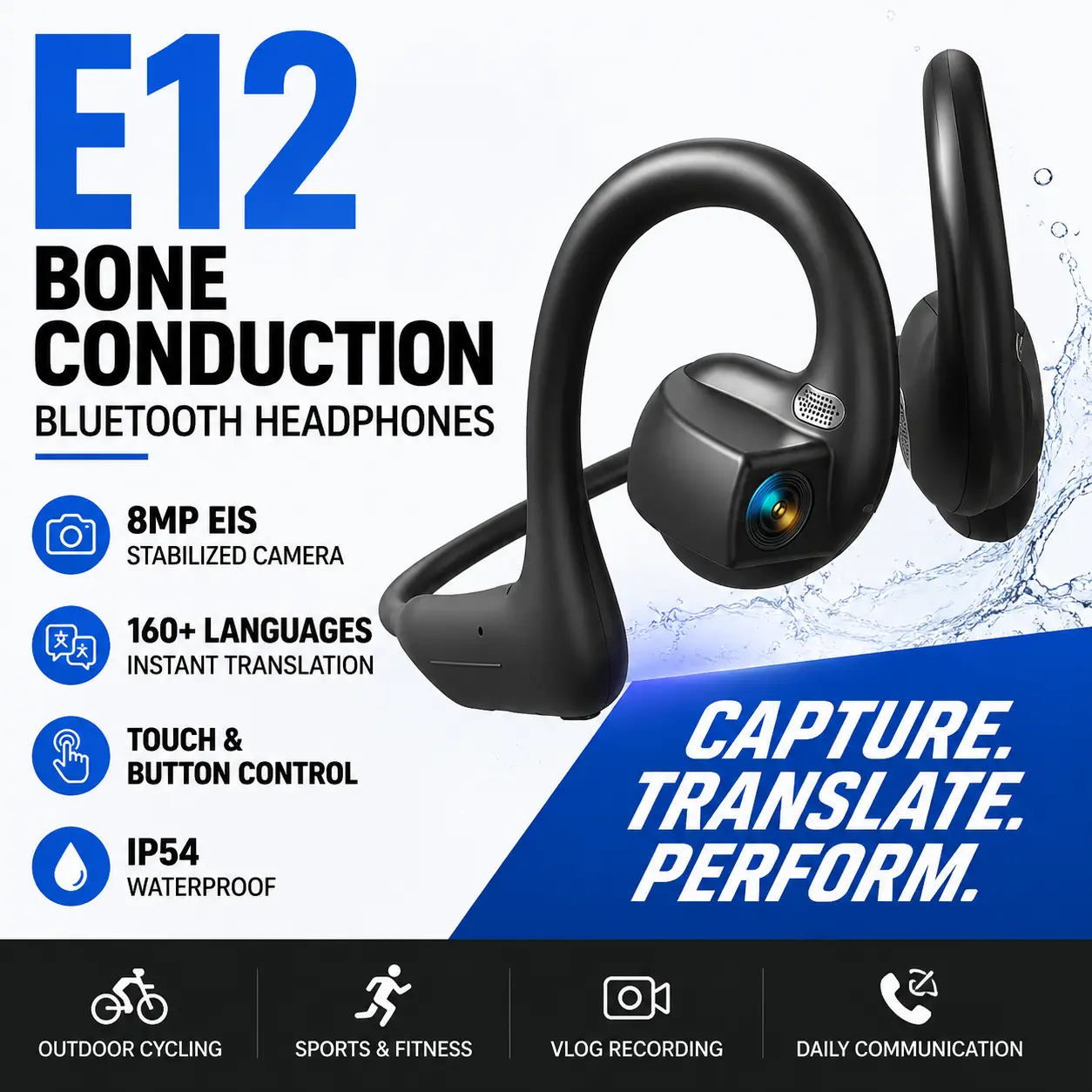 Advanced Open Ear Bluetooth Headphones with 8MP Camera, Instant Voice Translation Across 160+ Languages, Hands-Free Touch & Button Controls, Lightweight Sports Headset for Vlog Creators and Outdoor Activities