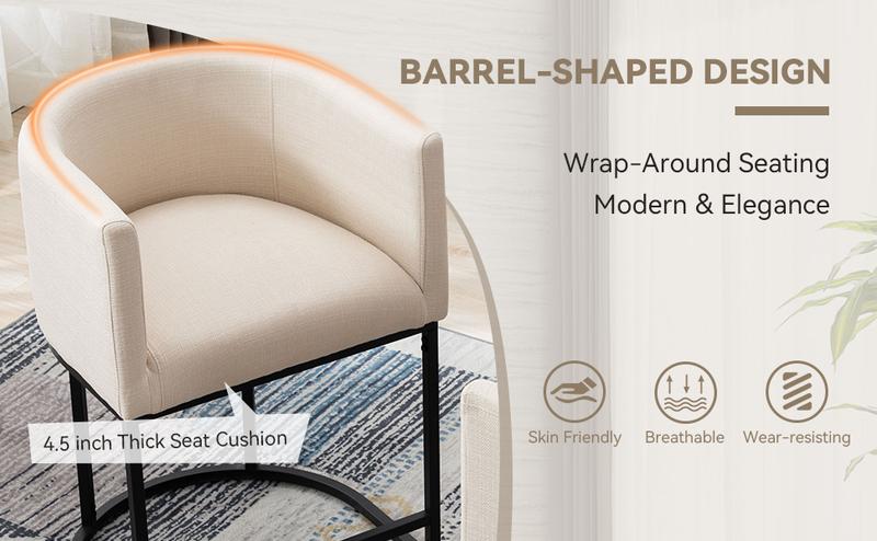 CHAIRUS  Counter Height Bar Stools, 24'' Modern Barrel Counter Height Stools, Linen Barstool with Backrest and Arms,Bar Chairs with Black Metal Frames and Footrest,Upholstered Accent Bar Stools for Kitchen Island, Dining Room,Cream