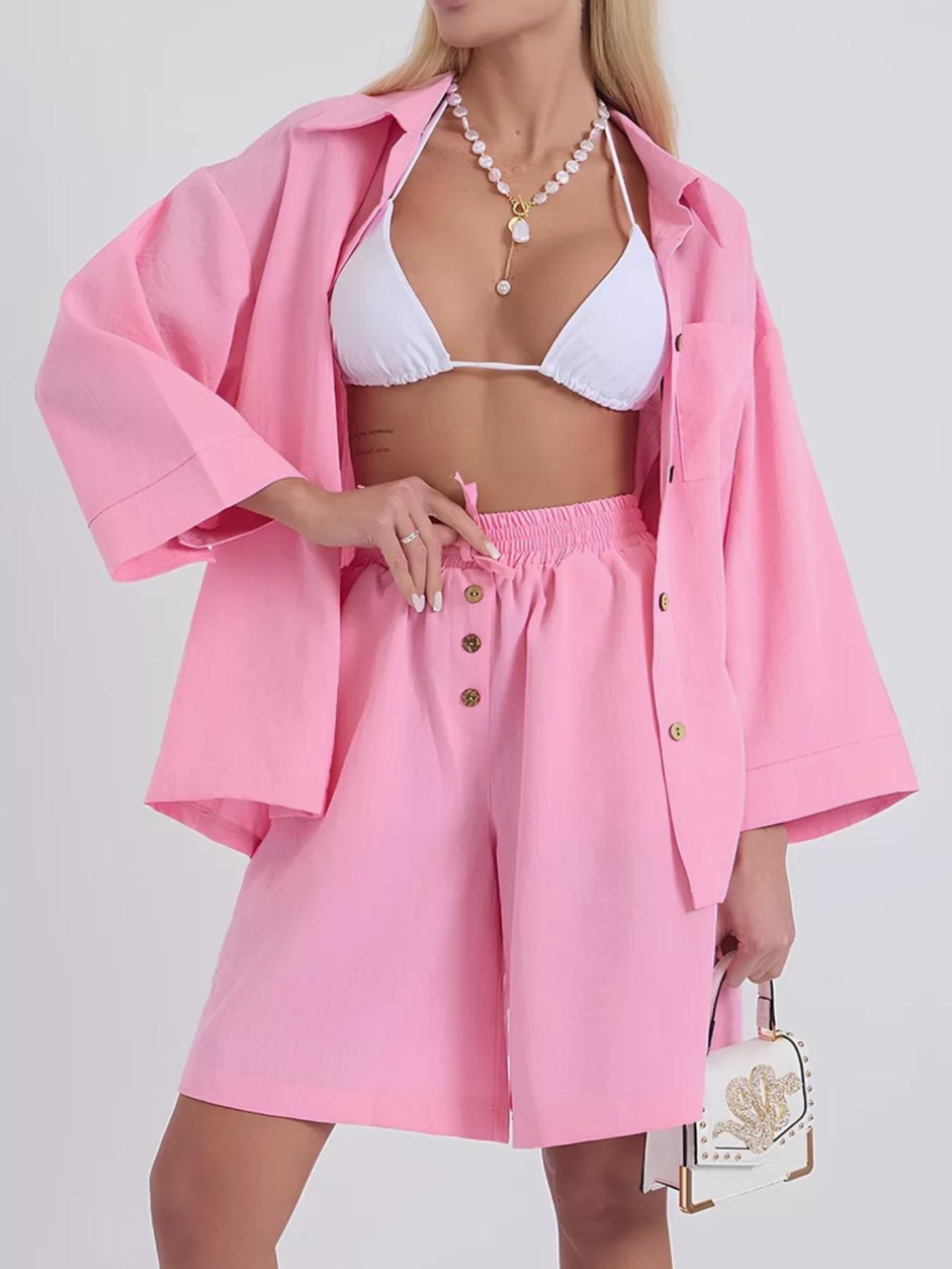 Spring Summer Fashion Womenswear Short Pants Pure Color Shirt Two-Piece Set Suits Casual Loose Fit Short Sleeve Women's