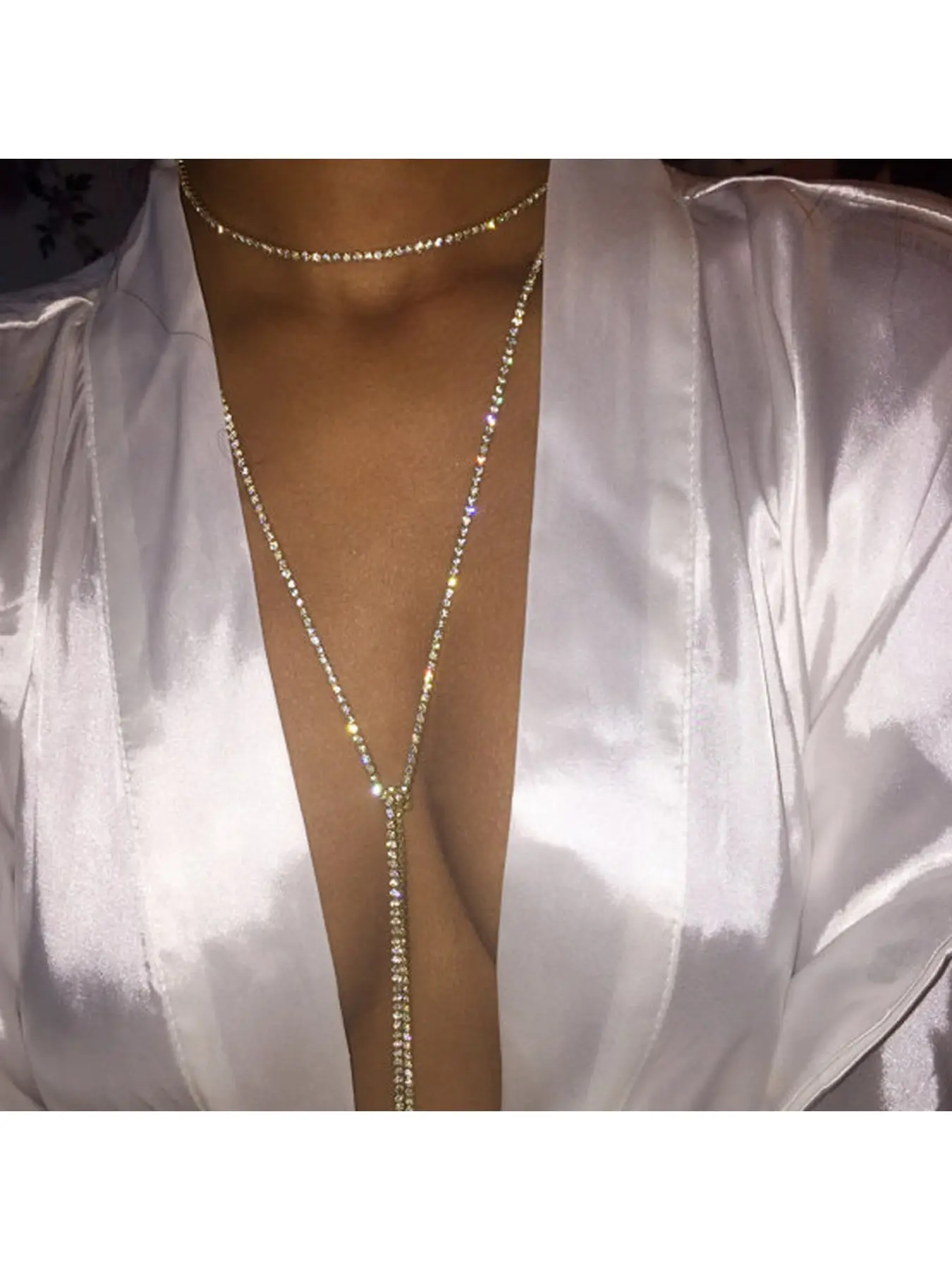 Women 18K Rose Gold Plated Adjustable Lariat Rhinestone Necklace Long Tassel Y Drop Tennis Chain Dainty Statement Jewelry Elegant Gift For Wedding Prom Party Birthday Christmas