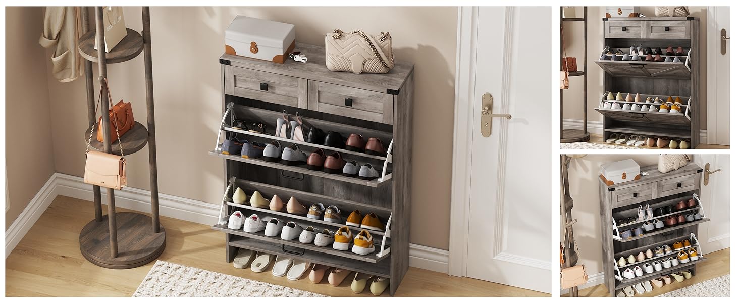 Vabches Shoe Storage Cabinet with 2 Flip Drawers & 2 Drawers,Shoe Cabinet Storage with Legs for Entryway,Freestanding Shoes Organizer Cabinet,Farmhouse Slim Shoe Cabinet