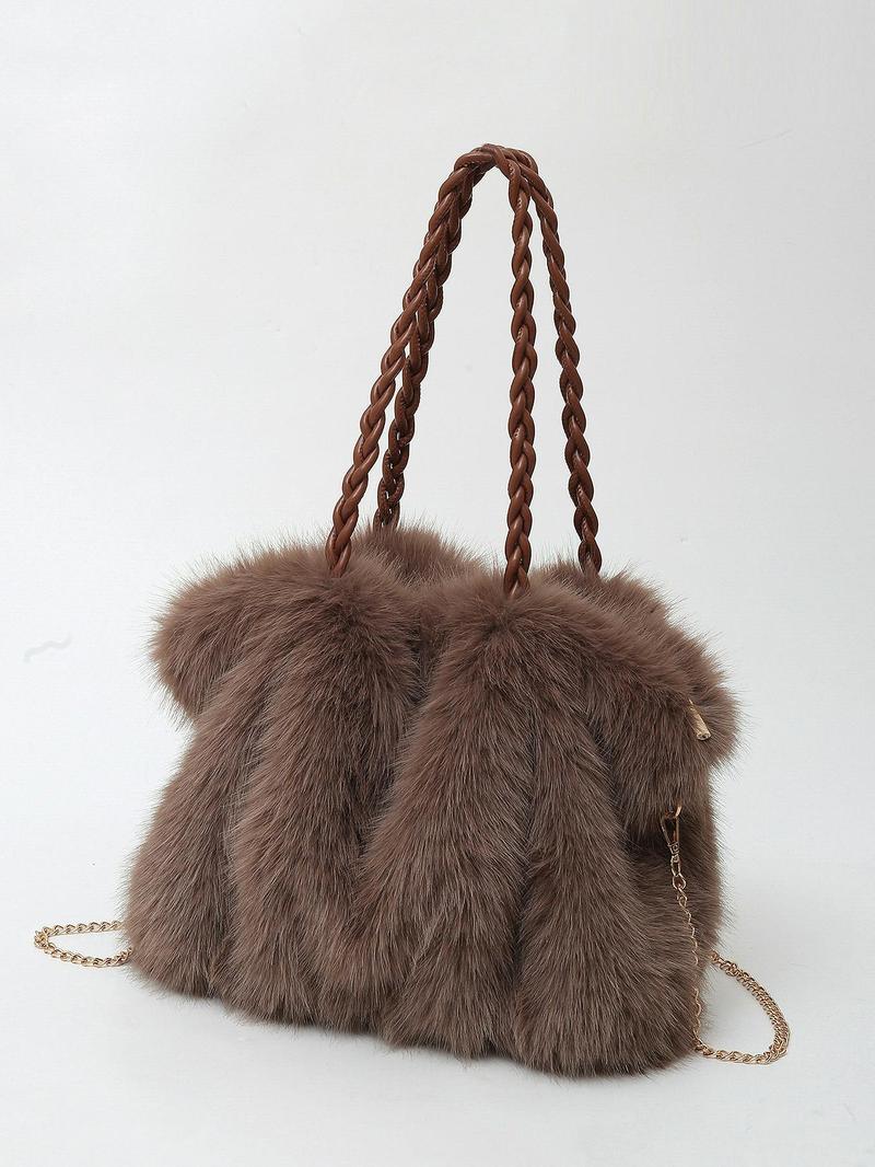 Plush Handbag, Trendy and Fashionable Tote Bag, Casual and Versatile Shoulder Bag, Simple Solid Color Commuter Bag, Suitable for Daily Matching, Commuting and Other Scenarios.