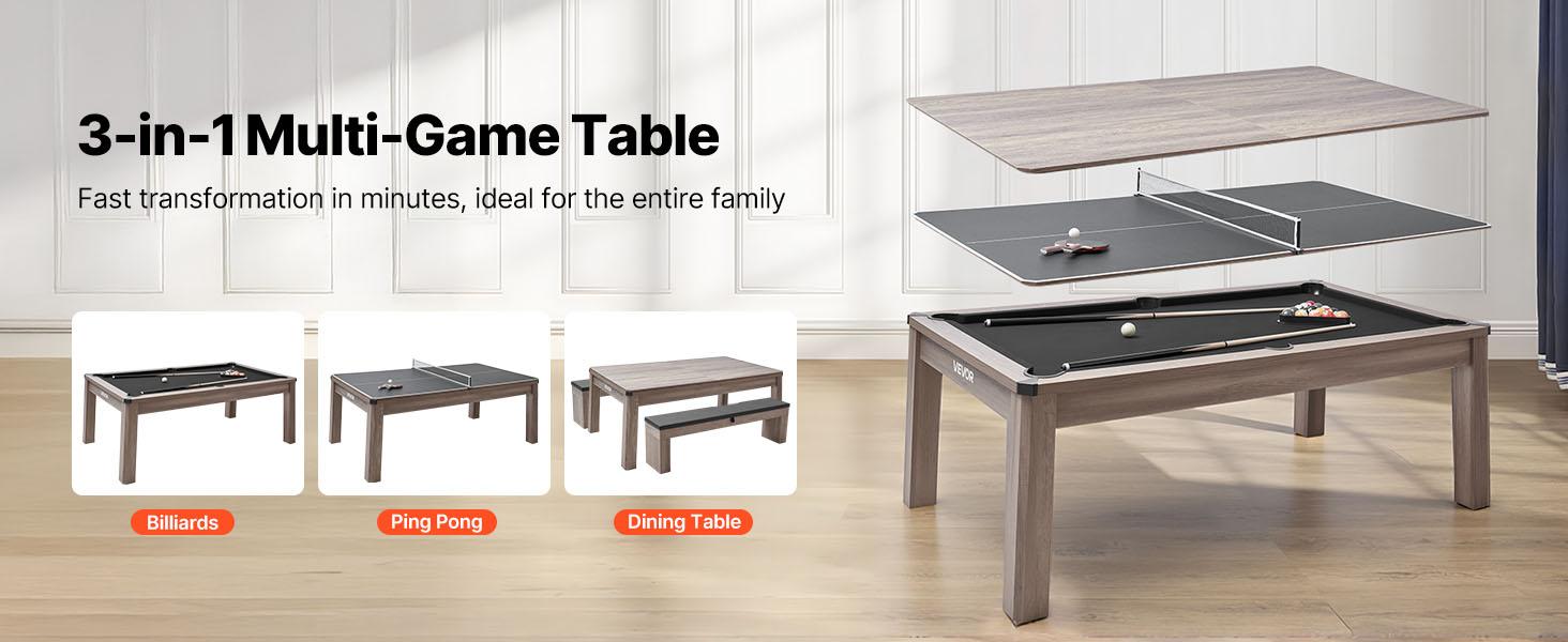 VEVOR 7ft Pool Table Combo Set, 3-in-1 Multi Game Billiards Tables with Dining Top and Ping Pong, 2 Benches for Storage and Accessories, Includes Ball Cue Rack Chalk Brush, for Family Recreation Room