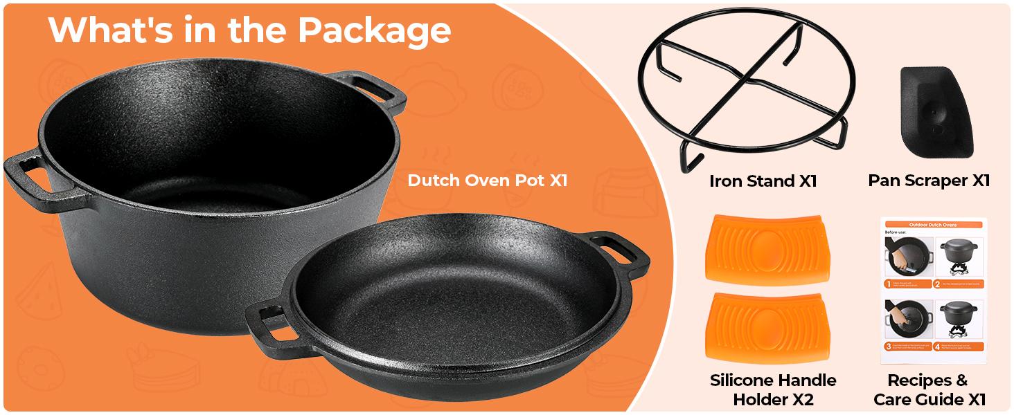 5.1-Quart Cast Iron Dutch Oven with Lid + 1.9-Quart Lid,Lid Doubles as Cast Iron Skillet with Silicone Handle Holders and Iron Stand,Versatile for Oven, Stove, BBQ, Grill, and Campfire Use, Ideal for Christmas