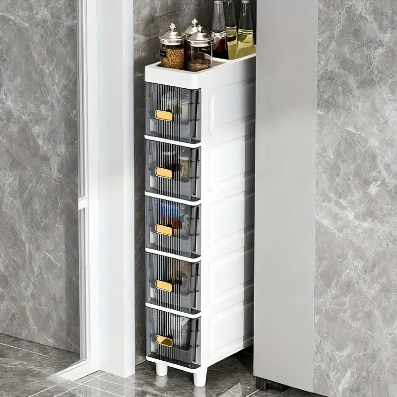 5-layer plastic high narrow storage cabinet with movable wheels, adjustable shelves, thin bathroom organizer and small storage space, bathroom, kitchen, laundry room, gray Independence Day/graduation gift