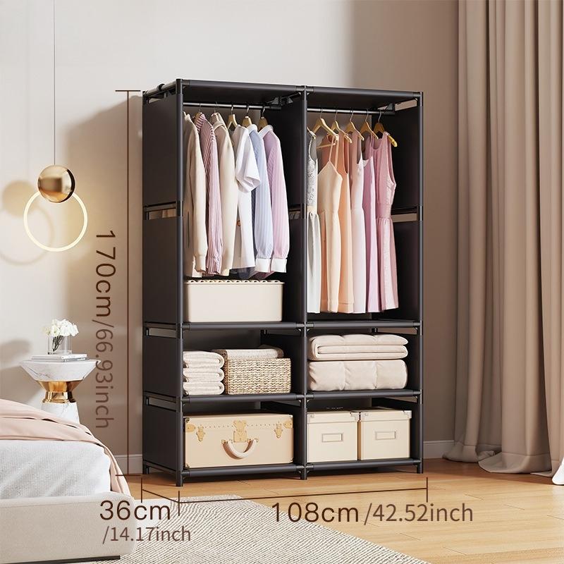 Wardrobe with clothes rod and storage shelves, standalone portable storage cabinet, easy-to-assemble fabric clothing organizer storage cabinet, sturdy metal frame, suitable for bedrooms, walk-in closets, apartments, dormitories, and small spaces