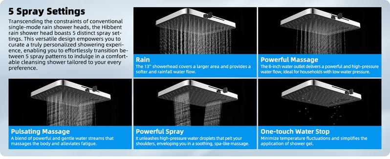 Hibbent Upgraded 5-spray 13'' Dual Filtered Rainfall Shower Head Combo, High Pressure 10-setting Handheld Shower Head with 12'' Adjustable Extension Arm, 20 Stage Shower Filter, 71'' Hose,