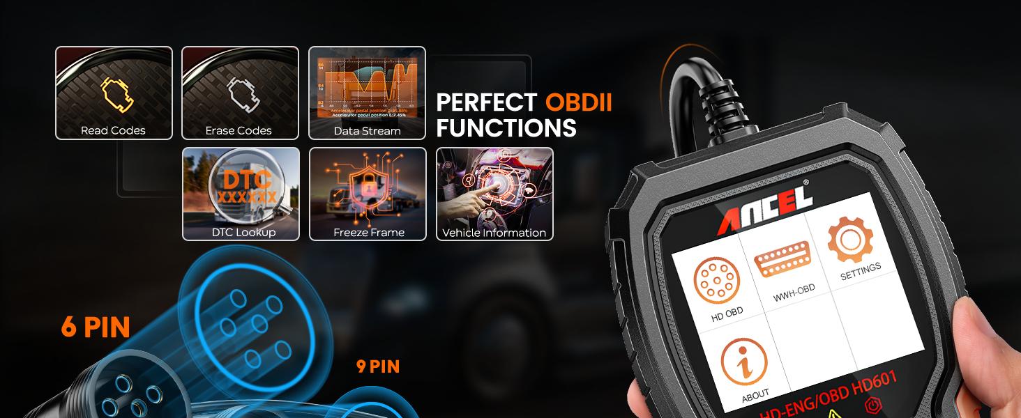 ANCEL HD601 Heavy Truck Scanner for Cummins, Detroit, Freightliner, International, Paccar, All System Diesel Diagnostic Scan Tool, 2 in 1 Truck & Car Check Engine Code Reader, Lifetime Free Update