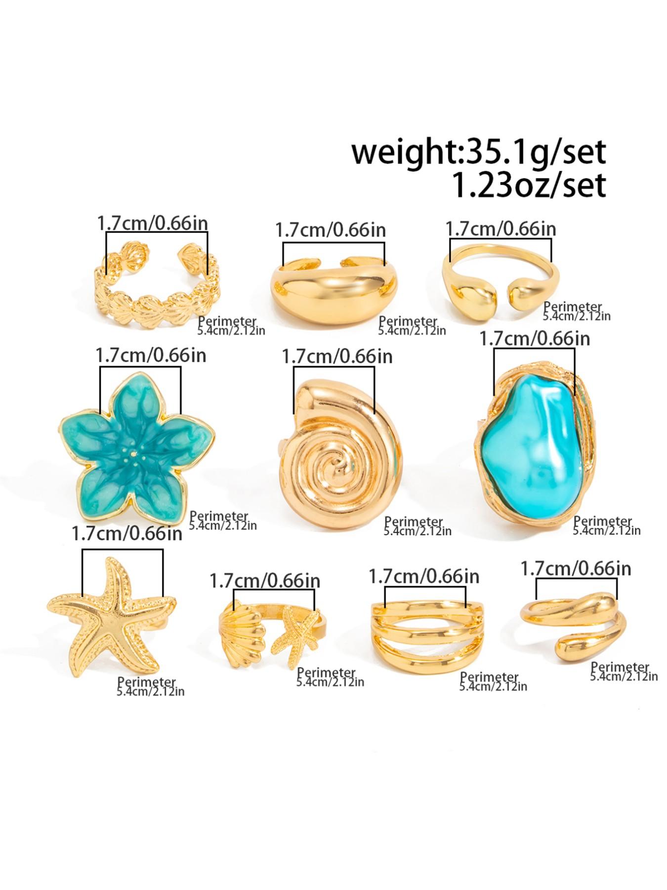 10 Pcs Boho Beach Starfish Ring Set, Boho Style Rings, Alloy Flower Stackable Finger Rings, Beautiful Rings, Party Jewelry, Gift for Holidays, Birthday and Beach