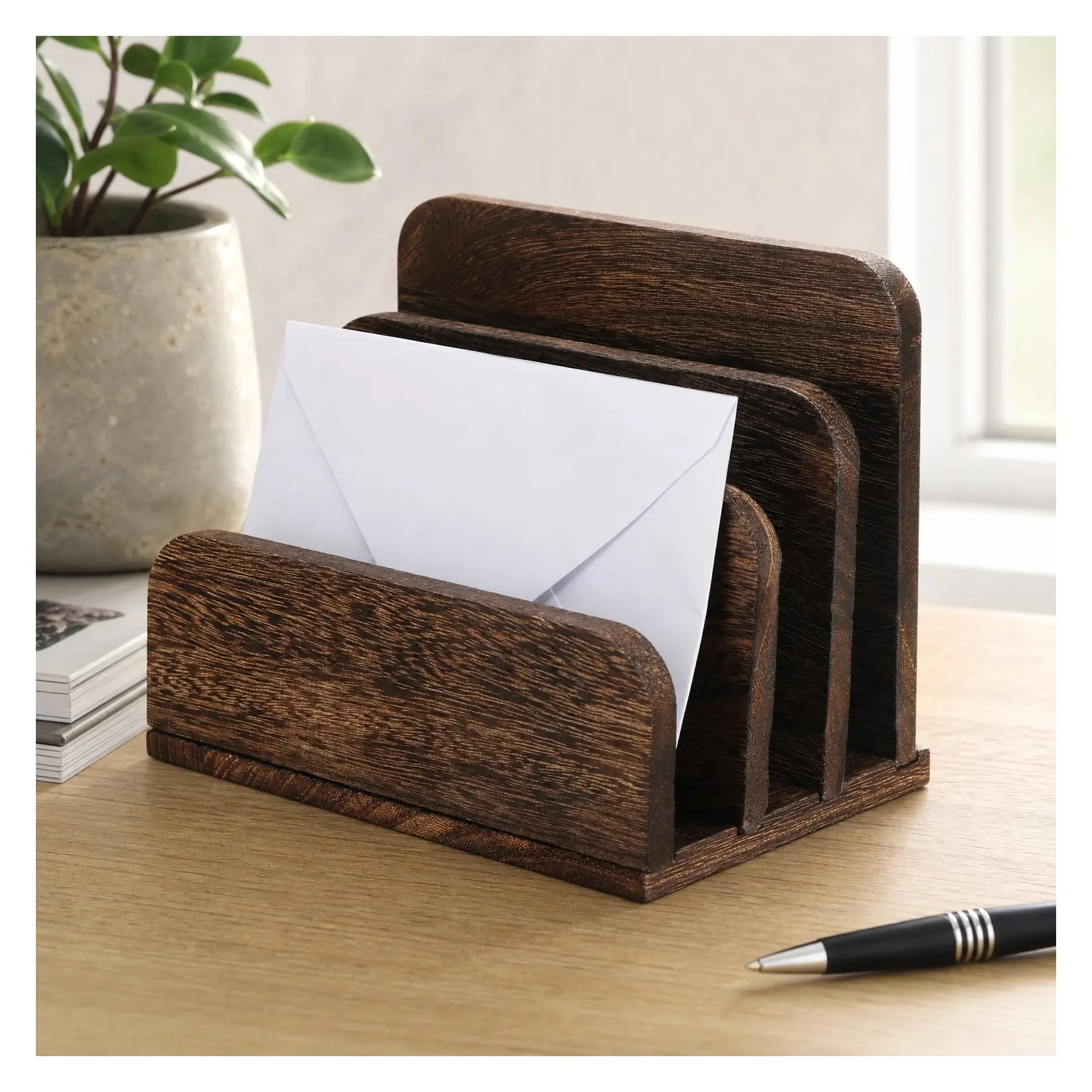 Wooden Mail Organizer with 3 Slots, Desk Mail Holder for Letters, Envelopes, Files, Phone & Documents, Office and Home Organizer Tray, Dark BrownGift