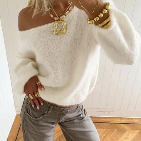 Women's Boat Neck Off-Shoulder Solid Knit Pullover, Lantern Sleeve Loose Long Sleeve Sweater for Fall & Winter, Simple Casual Versatile Top, Cozy Casual Top