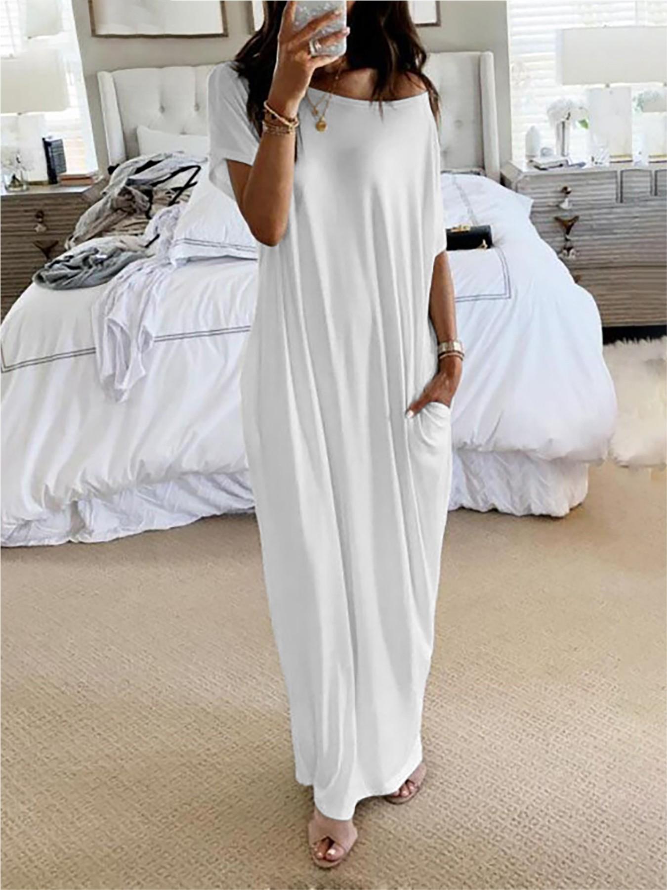 2026 Women's Solid Color Casual Loose Batwing Sleeve Loungewear Homewear Dress, Comfortable Daily Wearing Nightdress, Versatile Ladies' Sleepwear for All Seasons