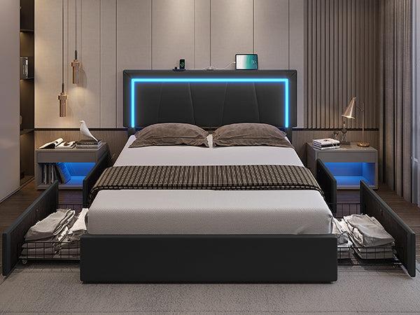 Sikaic 4 Drawers Faux Leather Upholstered Platform Bed Frame With LED Headboard Black