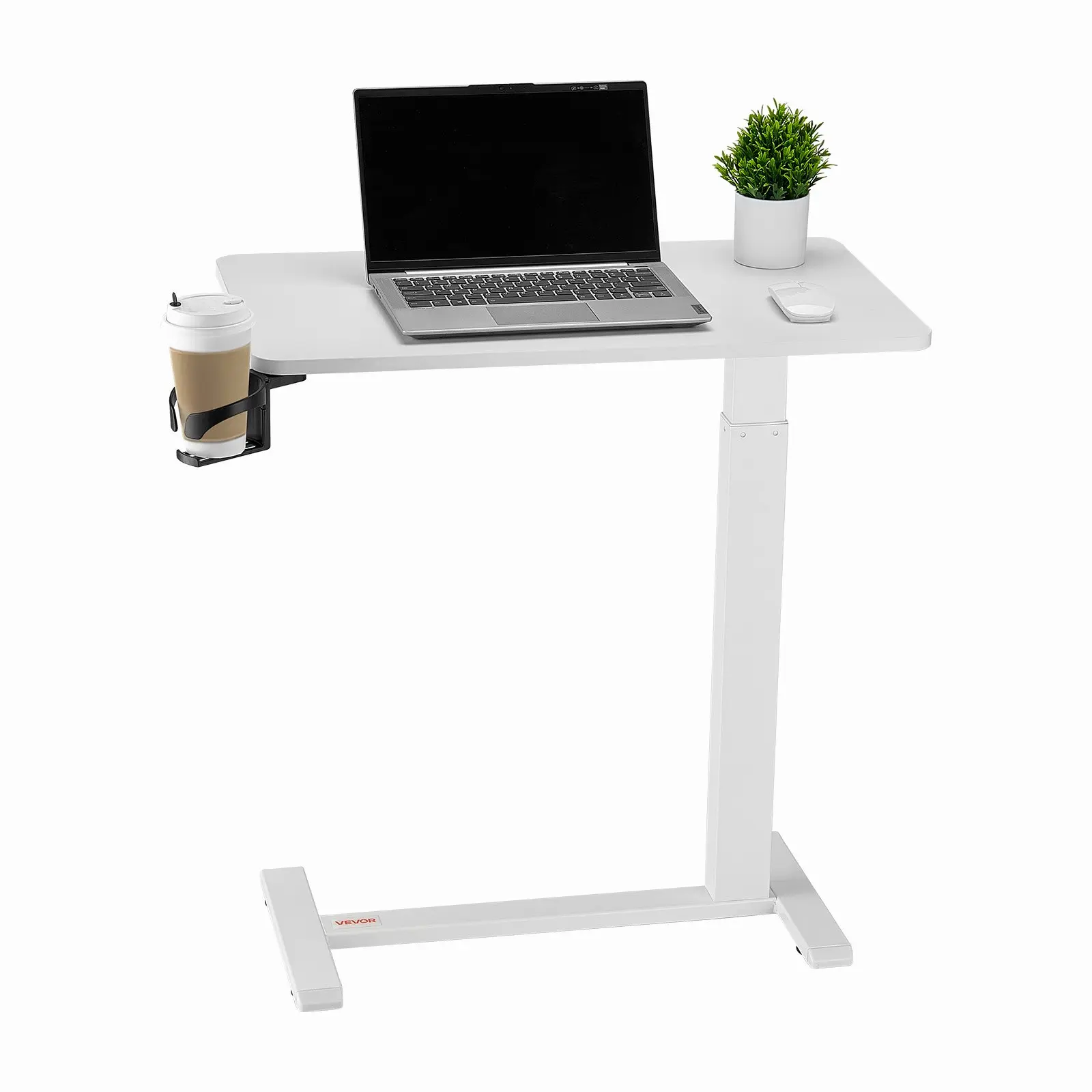 VEVOR Mobile Overbed Table, Height-Adjustable Rolling Desk with 4 Hidden Wheels, Cup Holder & Tilting Surface, Portable Particleboard Desk for Home, Office