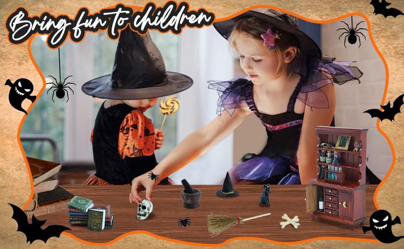Dollhouse Miniatures 1/12 Scale Accessories, Wooden Bookshelf Furniture Set - Magic Bottle&Potion, Witch Frame and Hat, Mini Bookcase, Haunted Dollhouse Halloween Decorations for Kids Gifts Playset Dollhouse Miniatures 1/12 Scale Accessories, Wooden Bookshelf Furniture Set - Magic Bottle&Potion, Witch Frame and Hat, Mini Bookcase, Haunted Dollhouse Halloween Decorations for Kids Gifts Playset