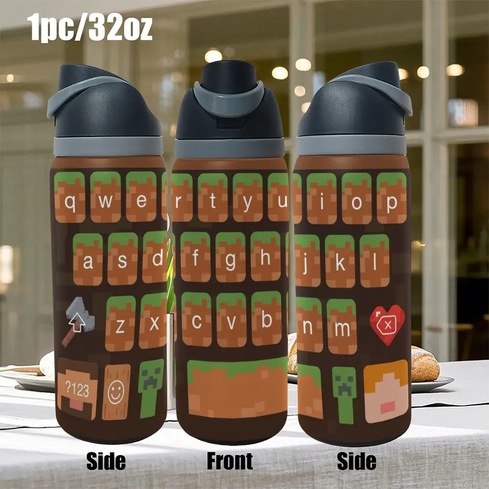 1pc 32oz Stainless Steel Insulated Cup, Minecraft Pattern Design, Travel Mug For Cars Water Bottles Outdoor Sports Drinkware, Vacuum Insulated Tumbler, Suitable For Office Work, Outdoor Camping, Driving, Gym Sports, Perfect Holiday Gift