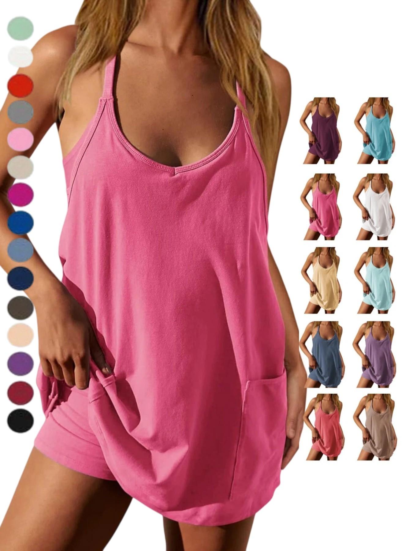 2026 Women's Athletic Sleeveless Mini Dress with  Shorts Summer V Neck Spaghetti Strap Short Spring Tennis Dress with Pockets Tennis Attire