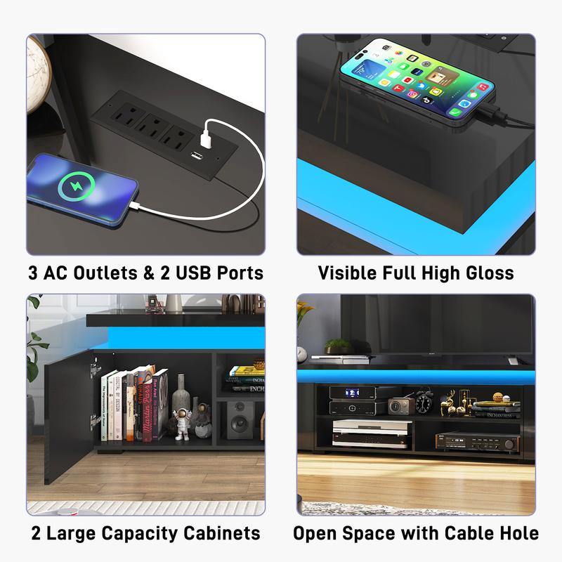 LED TV Stand for 75/85/95 Inch TV,66/73/83 Inch Modern Gaming TV Stand with Power Outlet, High Gloss TV Console Entertainment Center with Storage for Living Room, Bedroom Table Furniture