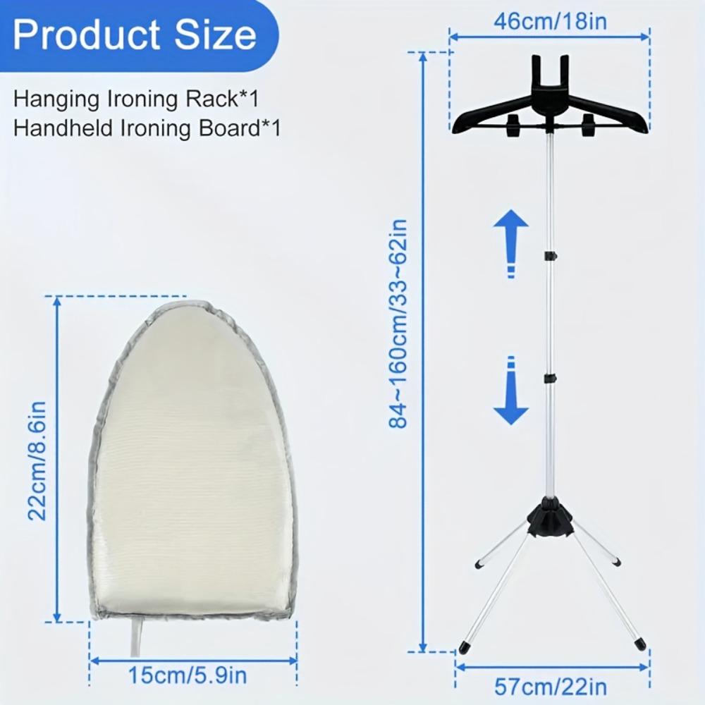 1 set includes 1 ironing hanger + 1 handheld ironing board. Retractable height adjustable, foldable for space saving and easy to carry. Thickened tube with strong load-bearing capacity, can store clothes. Suitable for home, hotel and dormitory use.