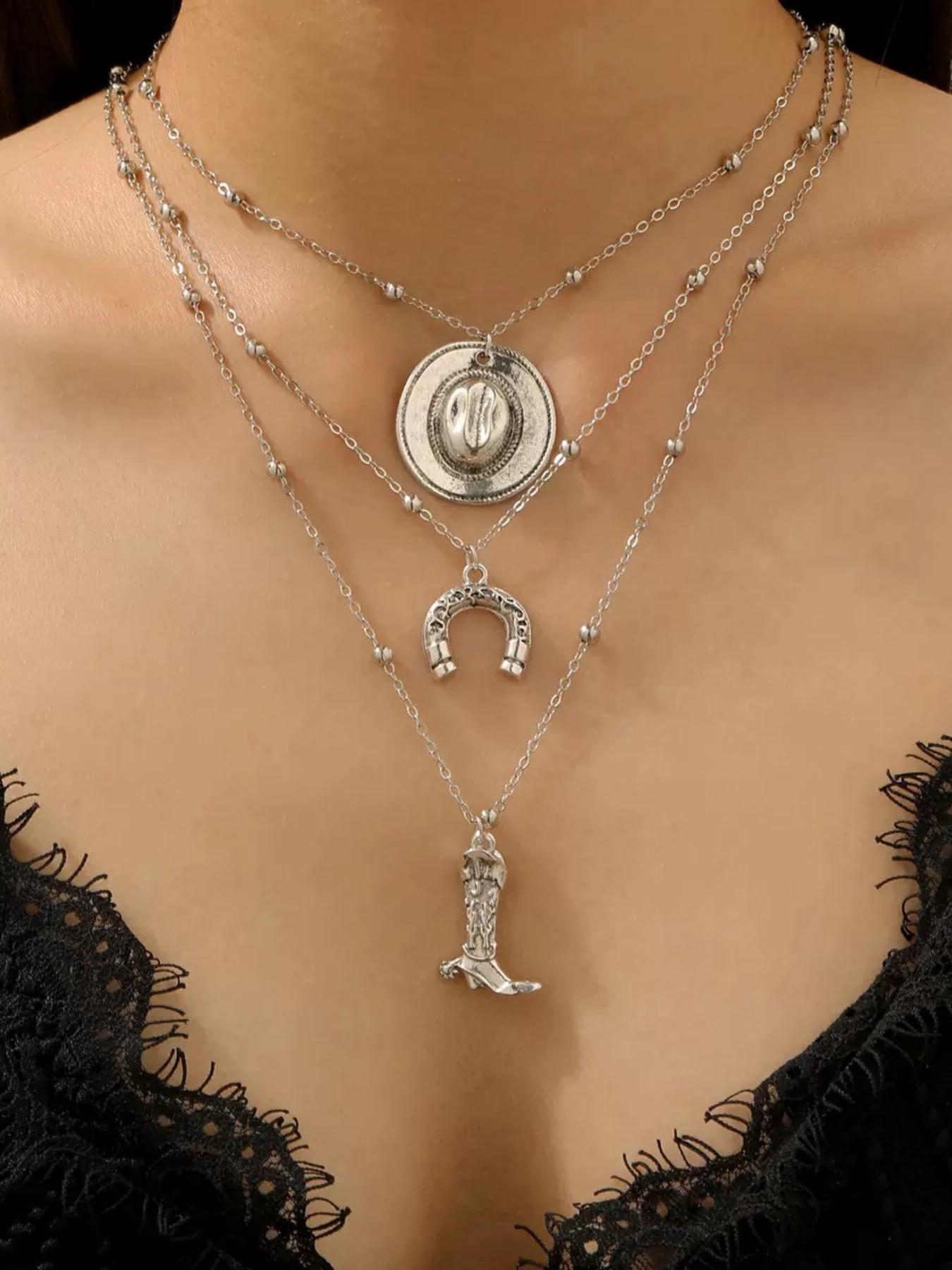 3-Layer Retro Alloy Western Cowboy Necklace Set, Stylish Layered Design, Perfect for Western, Durable Alloy Material
