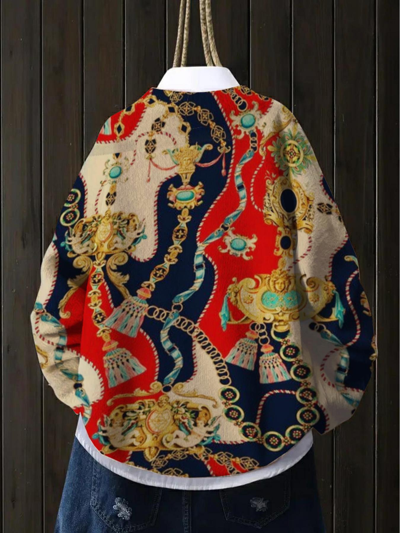 Women's Elegant Baroque Print Stand Collar Fitted Sweater, Fall Winter Casual Long Sleeve Knitwear, Comfortable Warm Top for Daily Wear