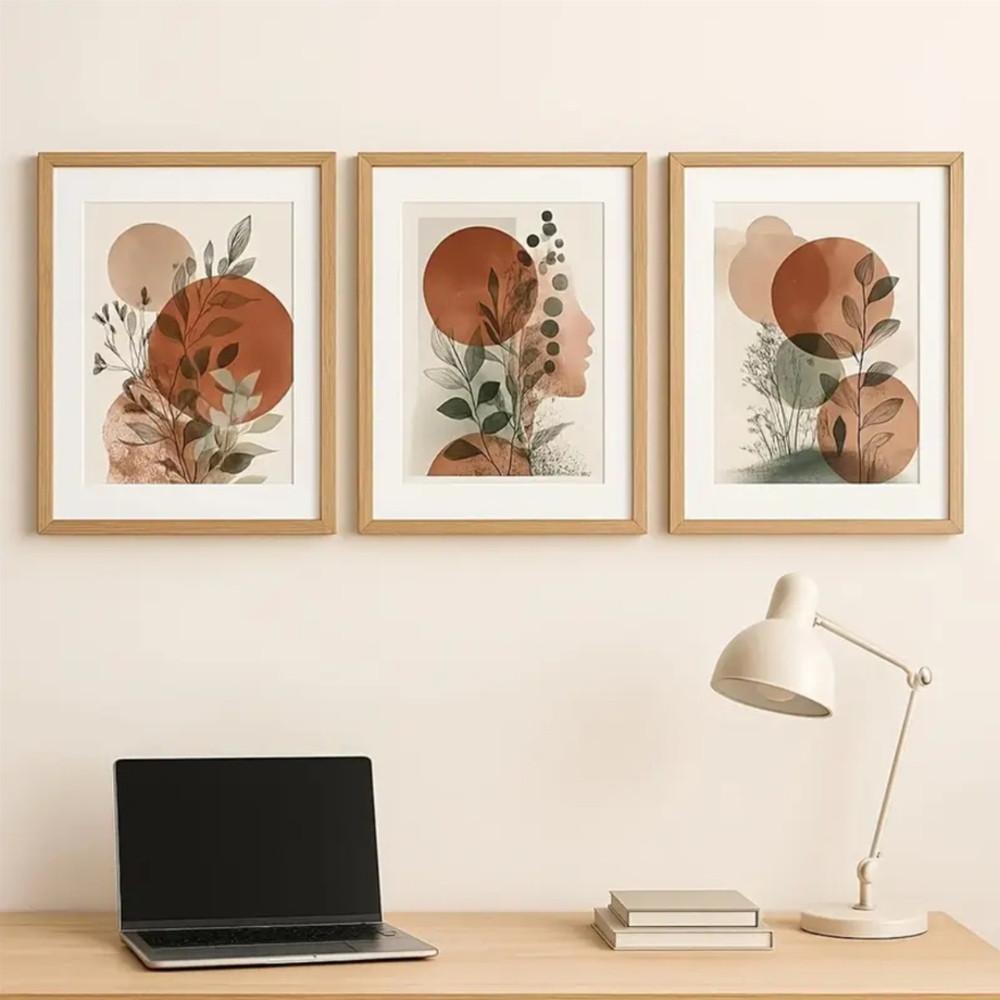 3-Piece Optional Wooden Frame Bohemian Terracotta Geometric Leaf Abstract Floral Art High Color Reduction Flat Surface Minimalist Home Background Decor
