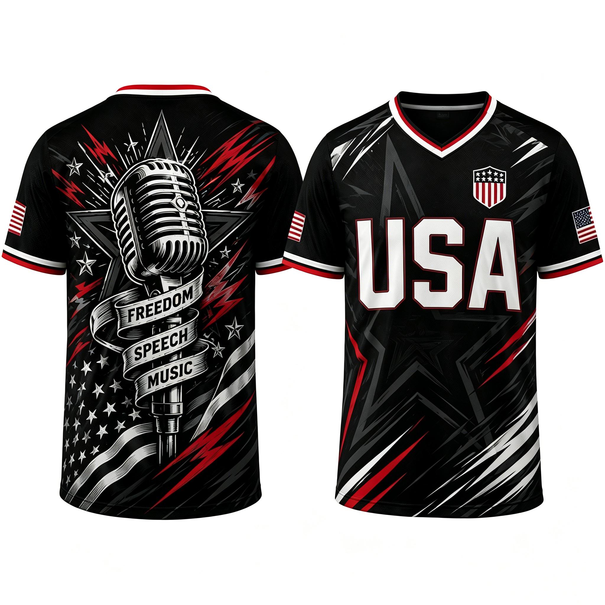 Unisex USA-Inspired Patriotic Wolf Graphic V-Neck Sports Jersey, Lightweight Quick-Dry Fitness Athletic Streetwear, Flag Sleeve Detail Patriotic Art Sporty Chic Top, S-5XL 4th of July Casual Athletic Shirt