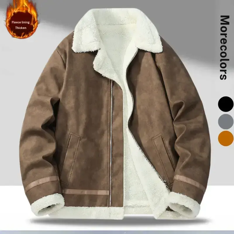 Men's Retro Vintage Leather Fur & Faux Fur Jacket Plush Collar, Warm Fleece Lining, Long Sleeve, Rugged Plain Outerwear, Casual Wear, Father's Day Gift